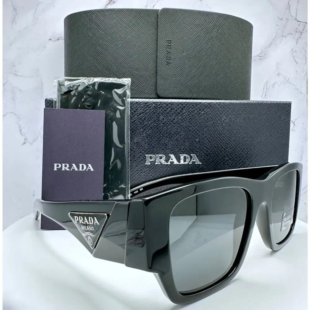 New Prada Sunglasses Black Square Oversized Triangle Plaque Logo Authentic